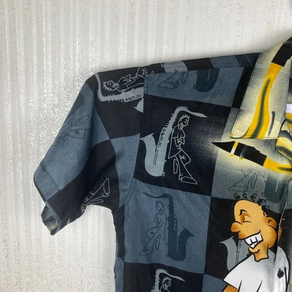 Claudio Nucci Mens Black Y2K Hip Hop Retro Music Hawaiian Button Up Shirt Size L - Picture 3 of 16